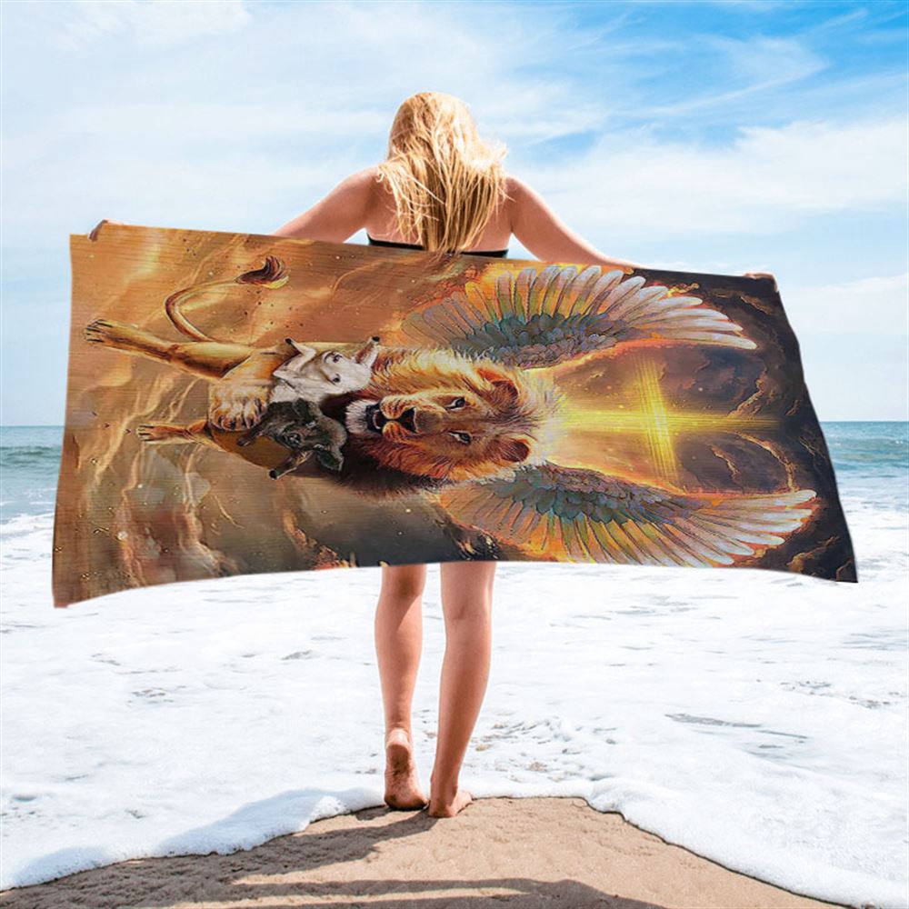 The Lion Wing Lambs Cross Beach Towel, Christian Beach Towel, Beach Towel