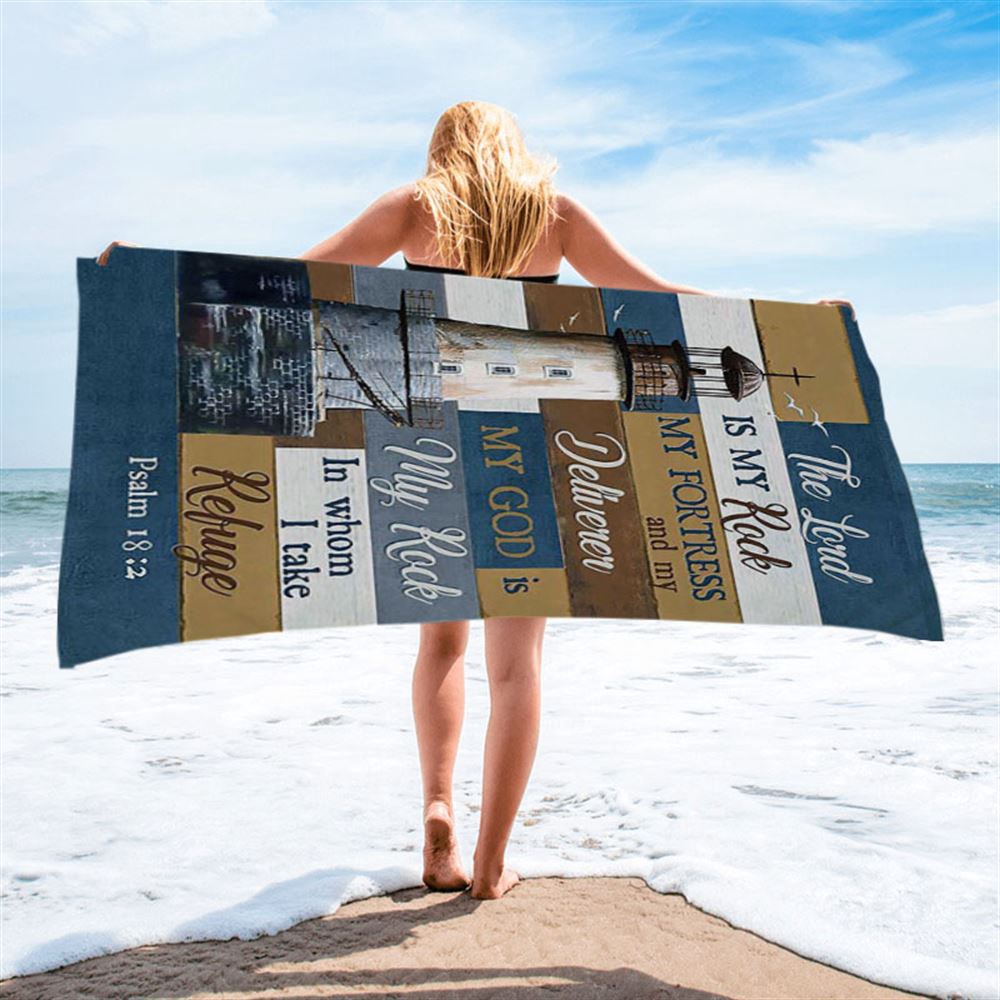 The Lord Is My Rock Lighthouse Wood Cross Beach Towel, Christian Beach Towel, Beach Towel