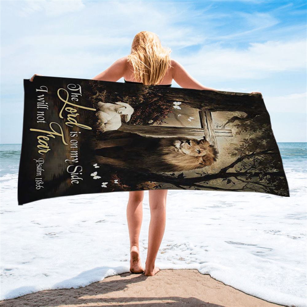 The Lord Is On My Side Beach Towel, Lion Lamb Of God Wooden Cross Beach Towel, Christian Beach Towel, Beach Towel