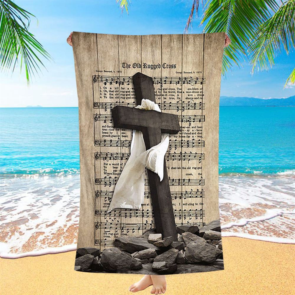 The Old Rugged Cross Beach Towel, Black Cross White Silk Music Sheet Beach Towel, Christian Beach Towel, Beach Towel