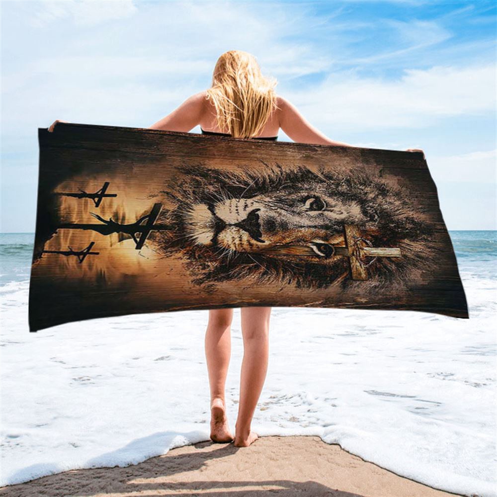 The Rugged Cross And Amazing Lion Beach Towel, Christian Beach Towel, Beach Towel The Rugged Cross And Amazing Lion Beach Towel, Christian Beach Towel, Beach Towel