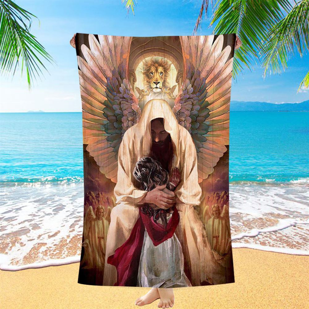 The World In His Arm Pray For Healing Angel Wings Beach Towel, Christian Beach Towel, Beach Towel