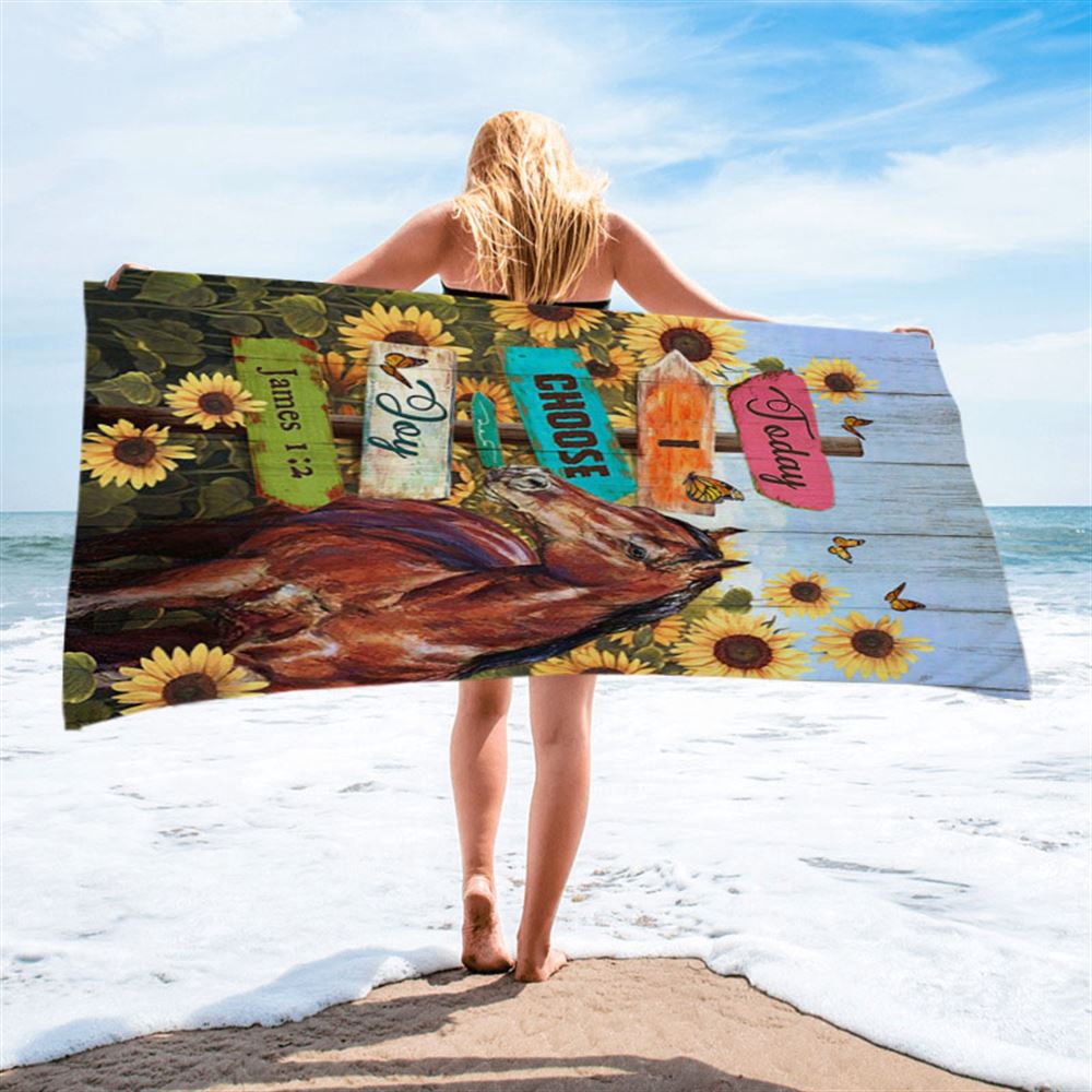 Today I Choose Joy Horse Sunflower Field Monarch Butterfly Beach Towel, Christian Beach Towel, Beach Towel