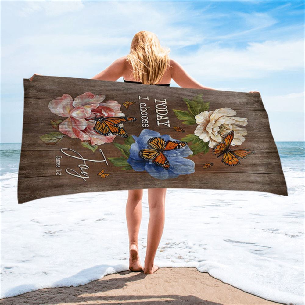 Today I Choose Joy Monarch Butterfly Camellia Beach Towel, Christian Beach Towel, Beach Towel