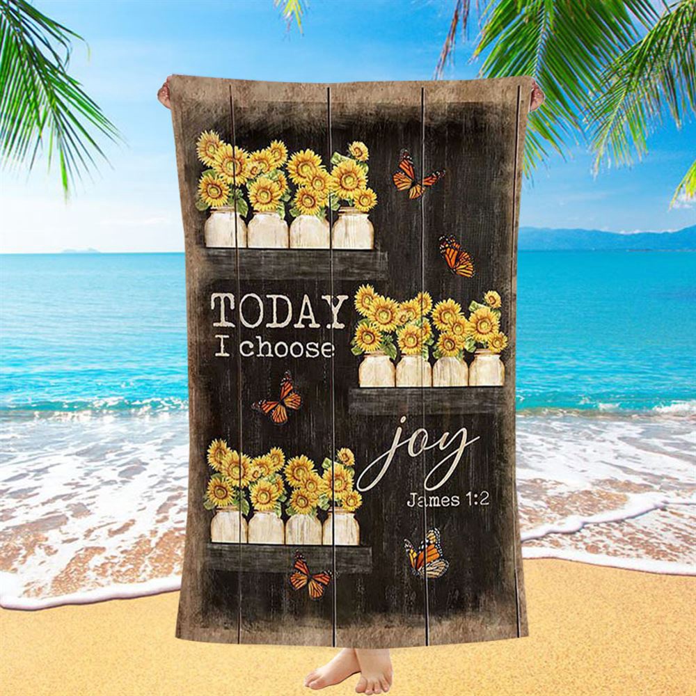 Today I Choose Joy Sunflower Orange Butterfly Beach Towel, Christian Beach Towel, Beach Towel