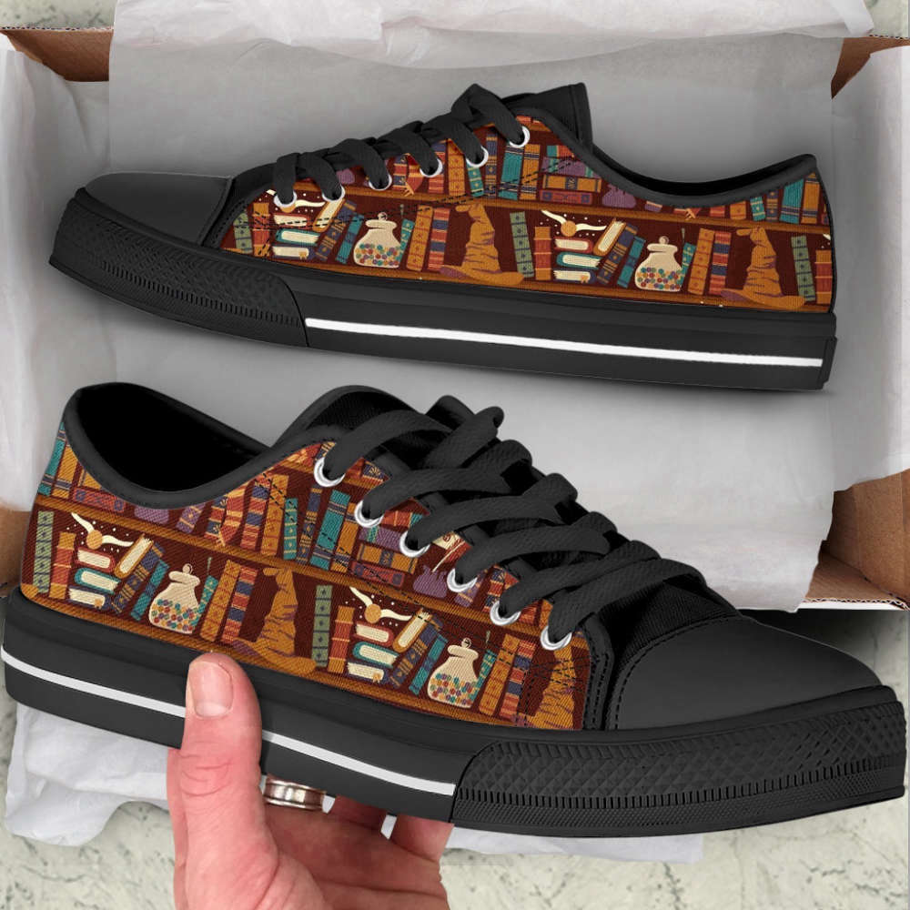 Trendy Canvas Print Lowtop Shoes Bookshelf Hat Low Top, Low Top Designer Shoes, Low Top Sneakers