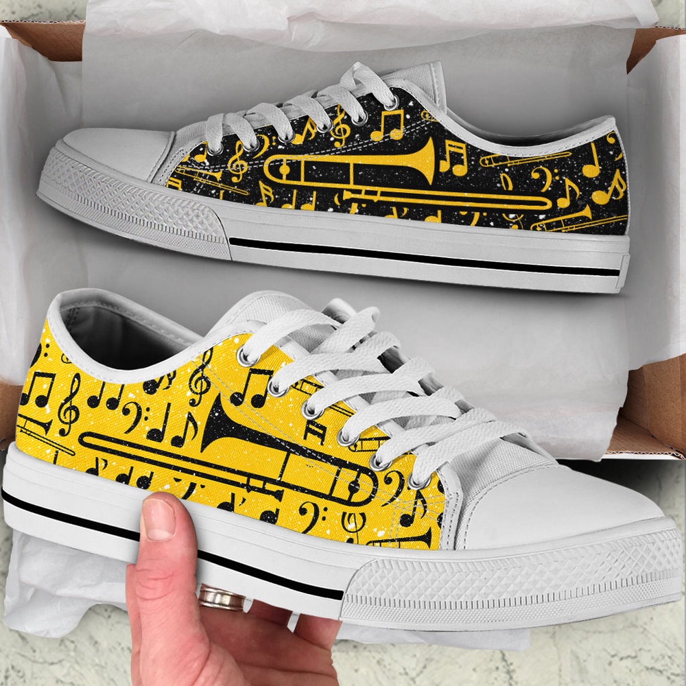 Trombone 2 Color Pattern Low Top Yellow Music Shoes, Low Top Designer Shoes, Low Top Sneakers