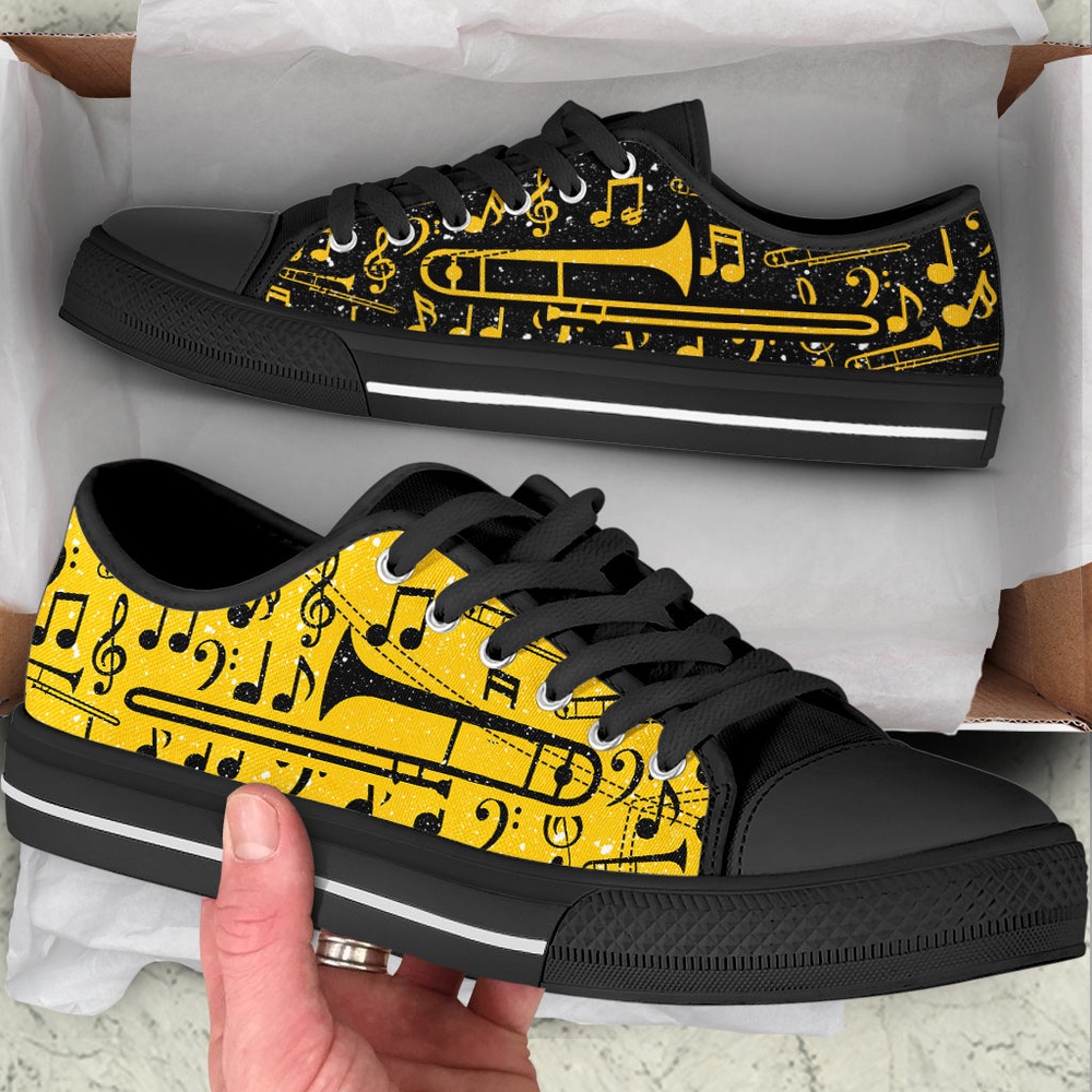 Trombone 2 Color Pattern Low Top Yellow Music Shoes, Low Top Designer Shoes, Low Top Sneakers