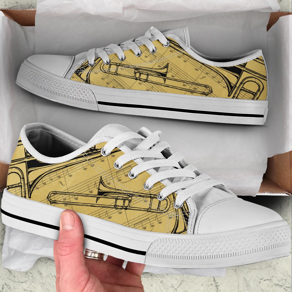 Trombone Vintage Art Low Top Music Shoes, Low Top Designer Shoes, Low Top Sneakers
