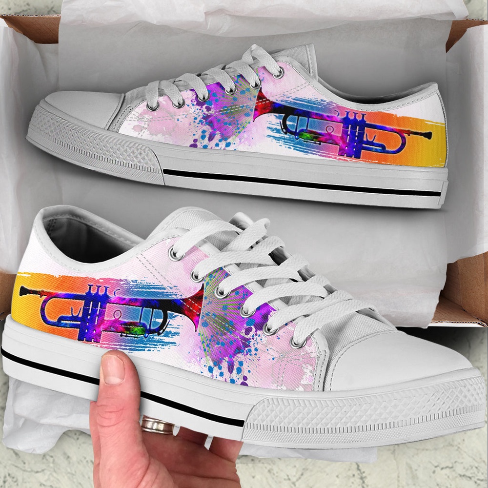 Trumpet Splash Watercolor Low Top Music Shoes, Low Top Designer Shoes, Low Top Sneakers