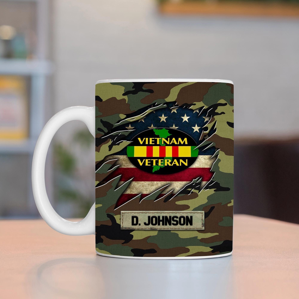 US Vietnam Veteran Camouflage White Mug Custom Your Name, Veteran Coffee Mugs, Military Mug