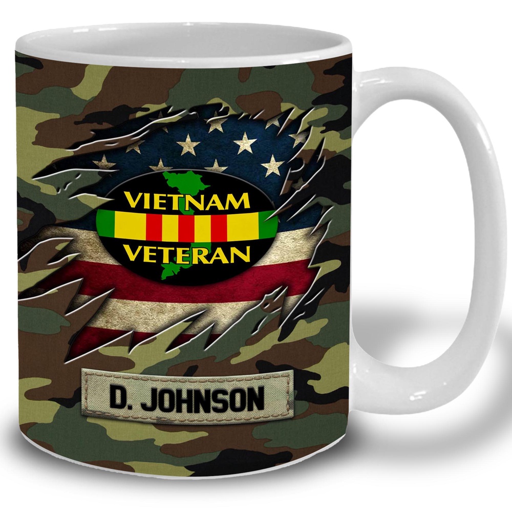 US Vietnam Veteran Camouflage White Mug Custom Your Name, Veteran Coffee Mugs, Military Mug