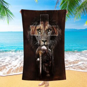 Warrior Black Lion Cross Beach Towel, Christian&hellip;