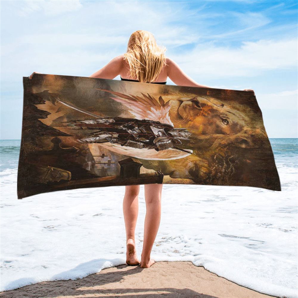Warrior Jesus Lion Of Judah Cross Beach Towel, Christian Beach Towel, Beach Towel
