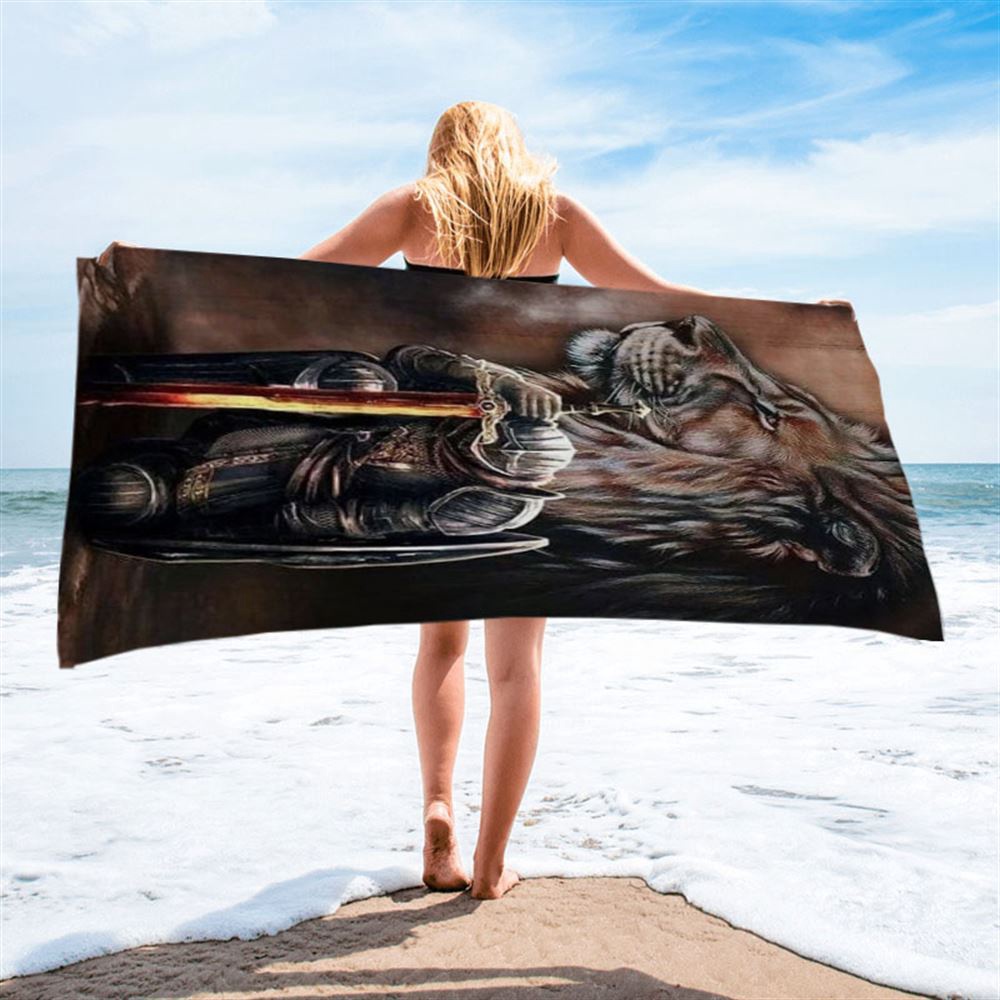Warrior Knight Kneel And Lion Beach Towel, Christian Beach Towel, Beach Towel