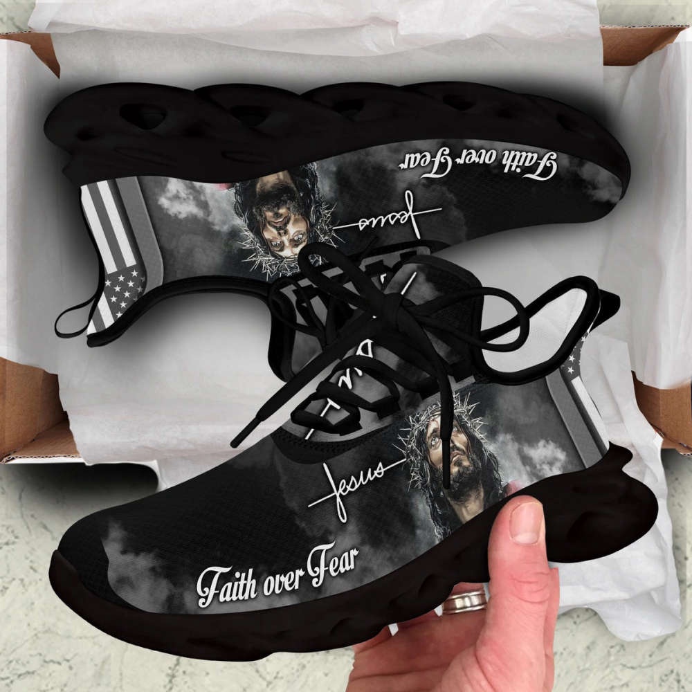 White And Black Jesus Faith Over Fear Running Sneakers Max Soul Shoes, Max Soul Sneakers, Max Soul Shoes