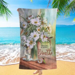 White Flower Hummingbird, Just Breathe Beach Towel,&hellip;