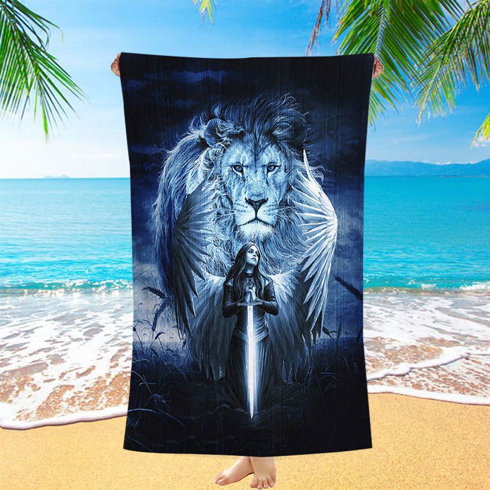 Woman Warrior Lion Of Judah Blue Night Beach Towel, Christian Beach Towel, Beach Towel