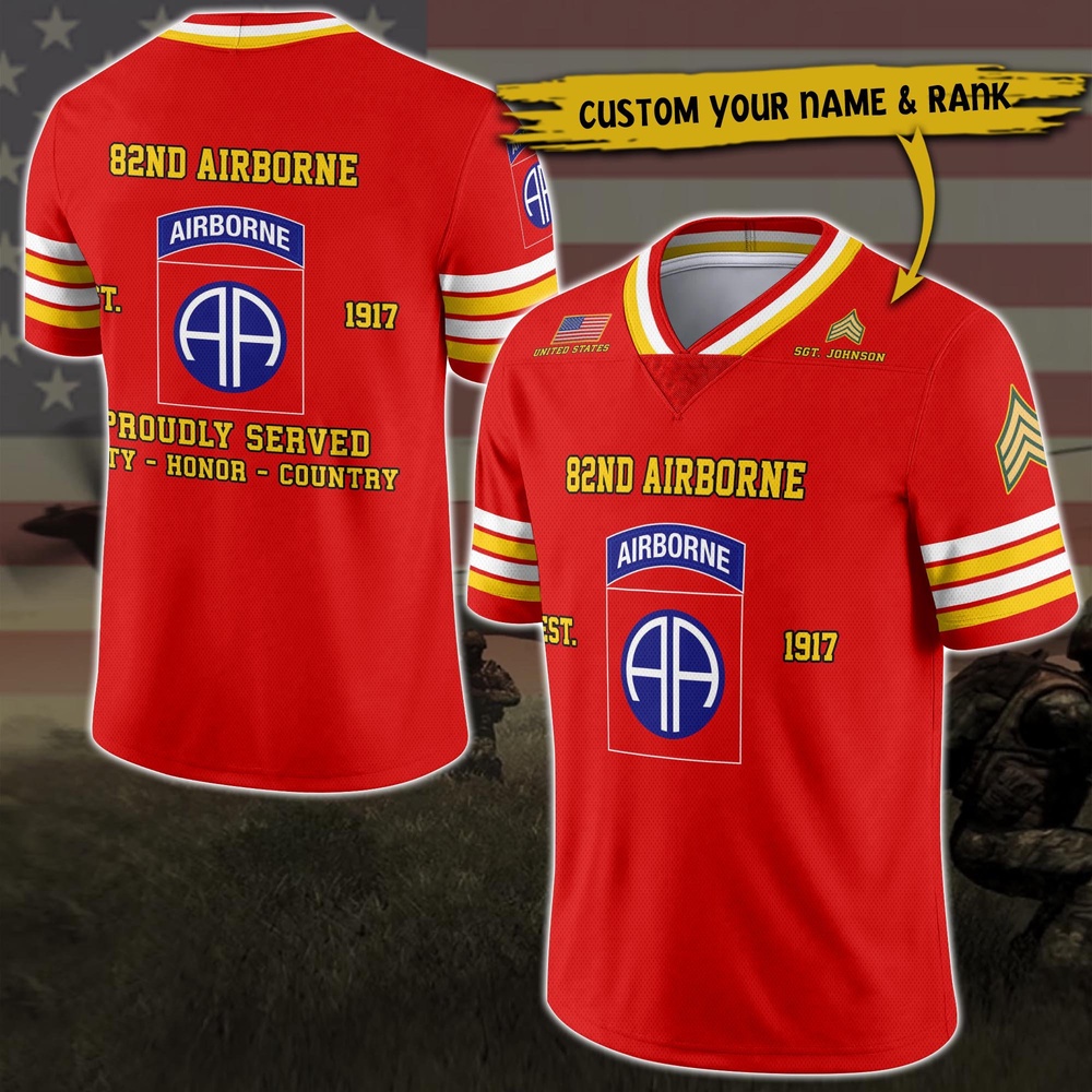 82nd Airborne Vneck Football Jersey Custom Your Name And Rank, Military Shirts , US Veteran Gifts, Military Jersey