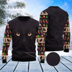 Black Cat Cute Face Ugly Christmas Sweater,&hellip;