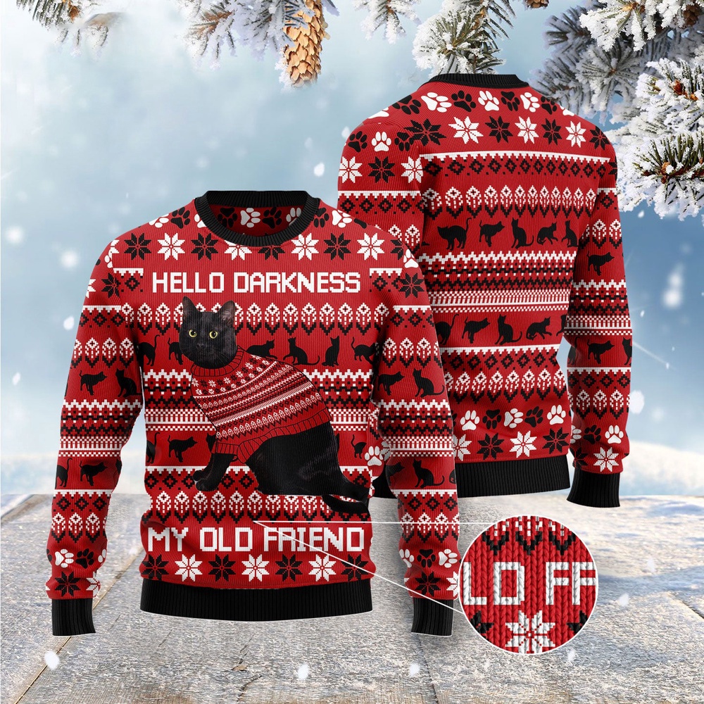 Black Cat Hello Darkness My Old Friend Ugly Christmas Sweater, Christmas Cat Ugly Sweater, Ugly Cat Xmas Sweater