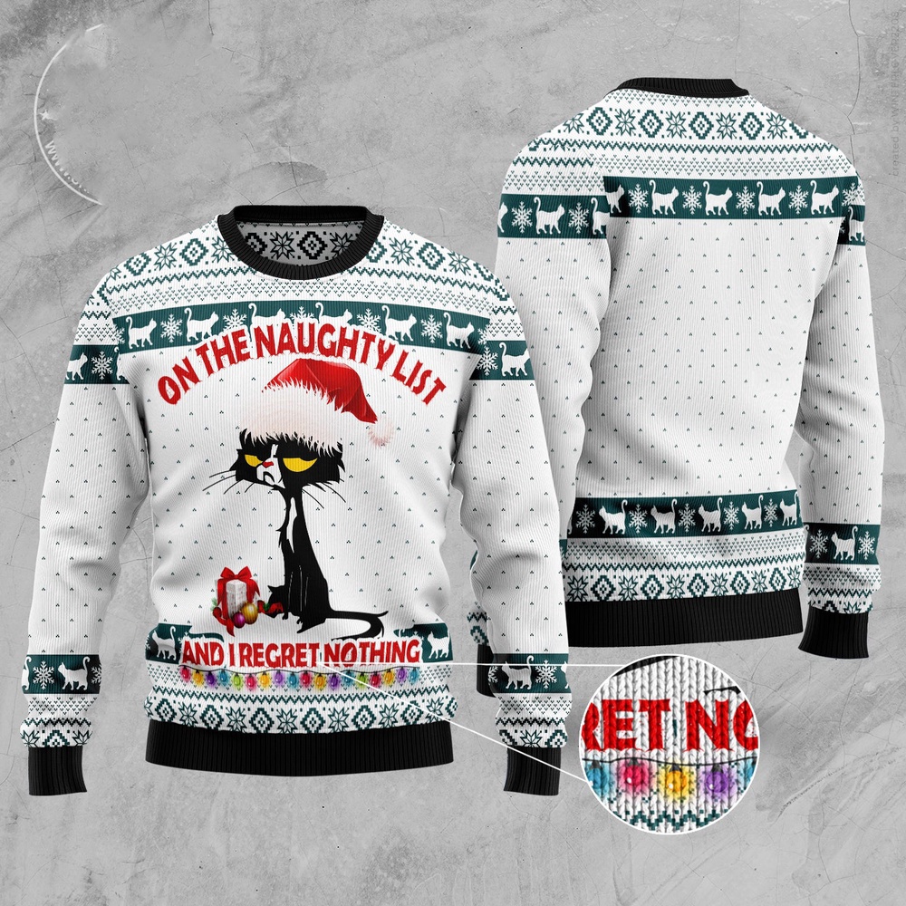 Black Cat Naughty List Ugly Christmas Sweater, Christmas Cat Ugly Sweater, Ugly Cat Xmas Sweater