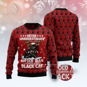 Black Cat Old Man Ugly Christmas Sweater,&hellip;