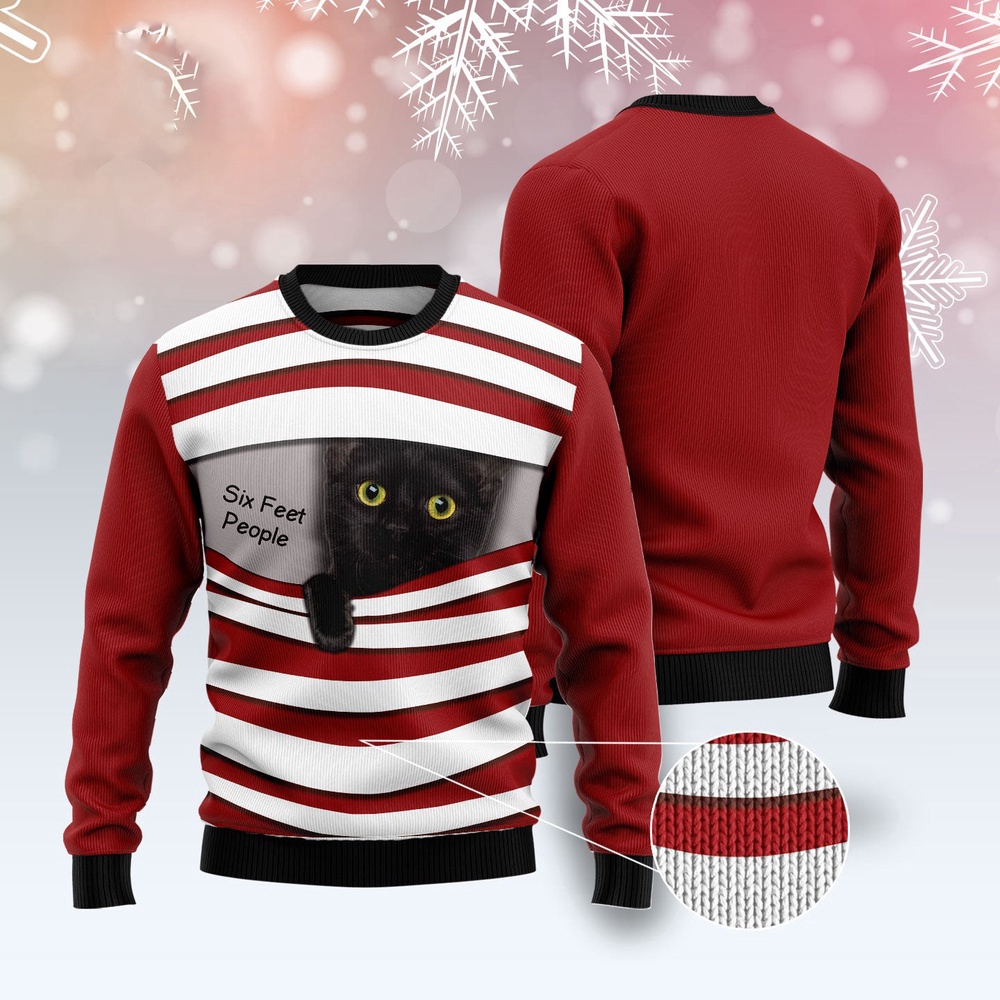 Black Cat Six Feet Ugly Christmas Sweater, Christmas Cat Ugly Sweater, Ugly Cat Xmas Sweater