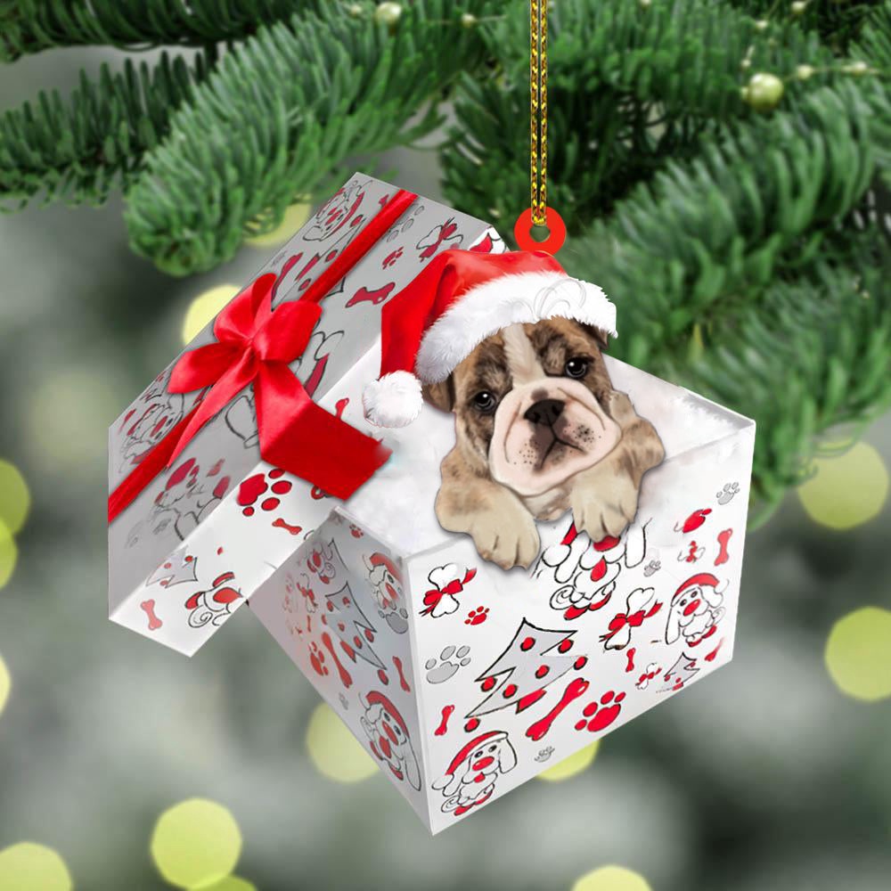 Bulldog In Gift Box Christmas Ornament, Christmas Ornament, Dog Ornament, Xmas Dog Ornaments