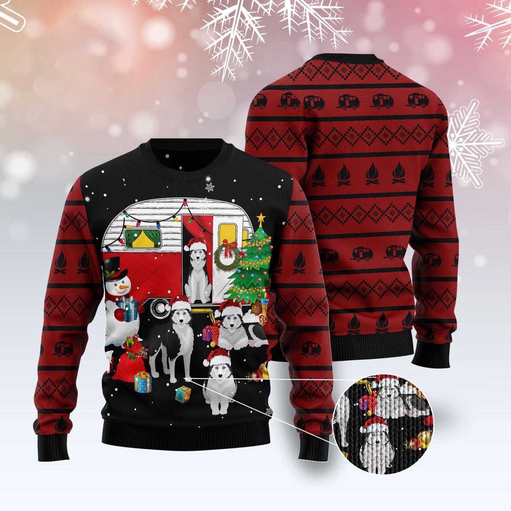 Camping Car And Siberian Husky Ugly Christmas Sweater, Dog Ugly Christmas Sweater, Ugly Dog Sweaters