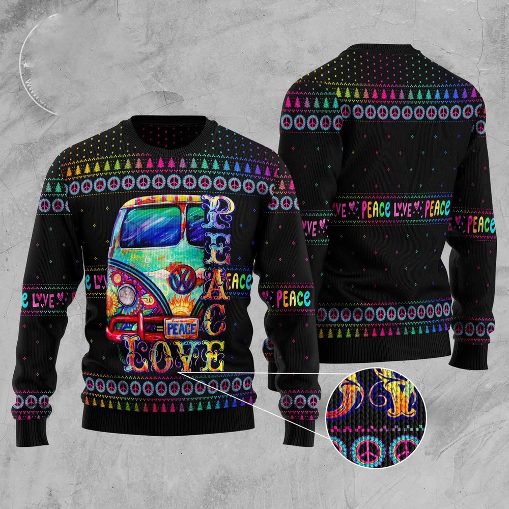 Car Hippie Peace Love Ugly Christmas Sweater, Christmas Sweater, Ugly Sweater, Funny Xmas Sweaters