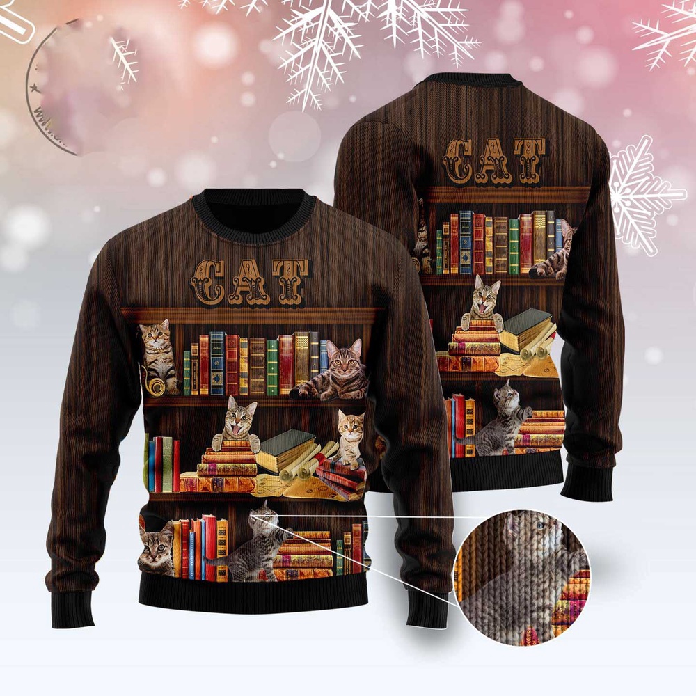 Cat Bookcase Ugly Christmas Sweater, Christmas Cat Ugly Sweater, Ugly Cat Xmas Sweater