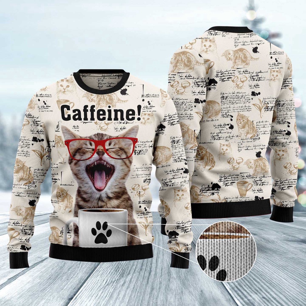 Cat Caffeine Ugly Christmas Sweater, Christmas Cat Ugly Sweater, Ugly Cat Xmas Sweater