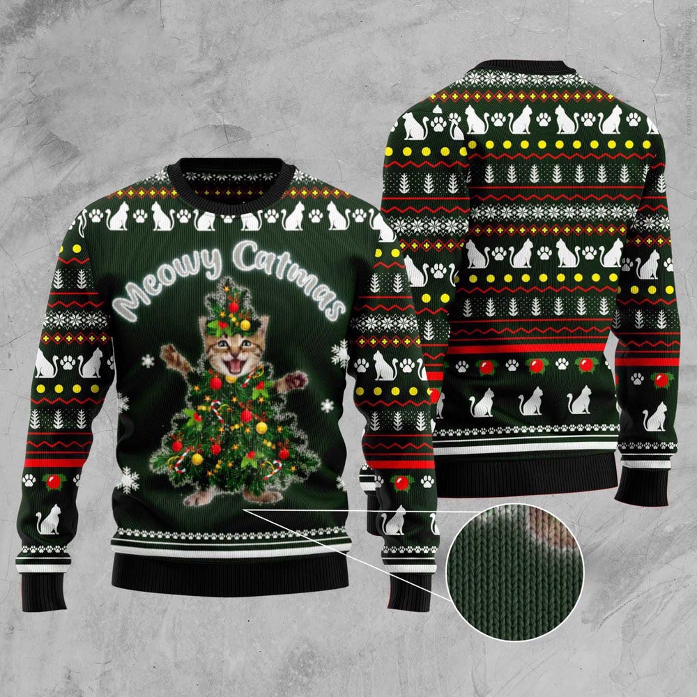 Cat Christmas Tree Meowy Catmas Ugly Christmas Sweater, Christmas Cat Ugly Sweater, Ugly Cat Xmas Sweater