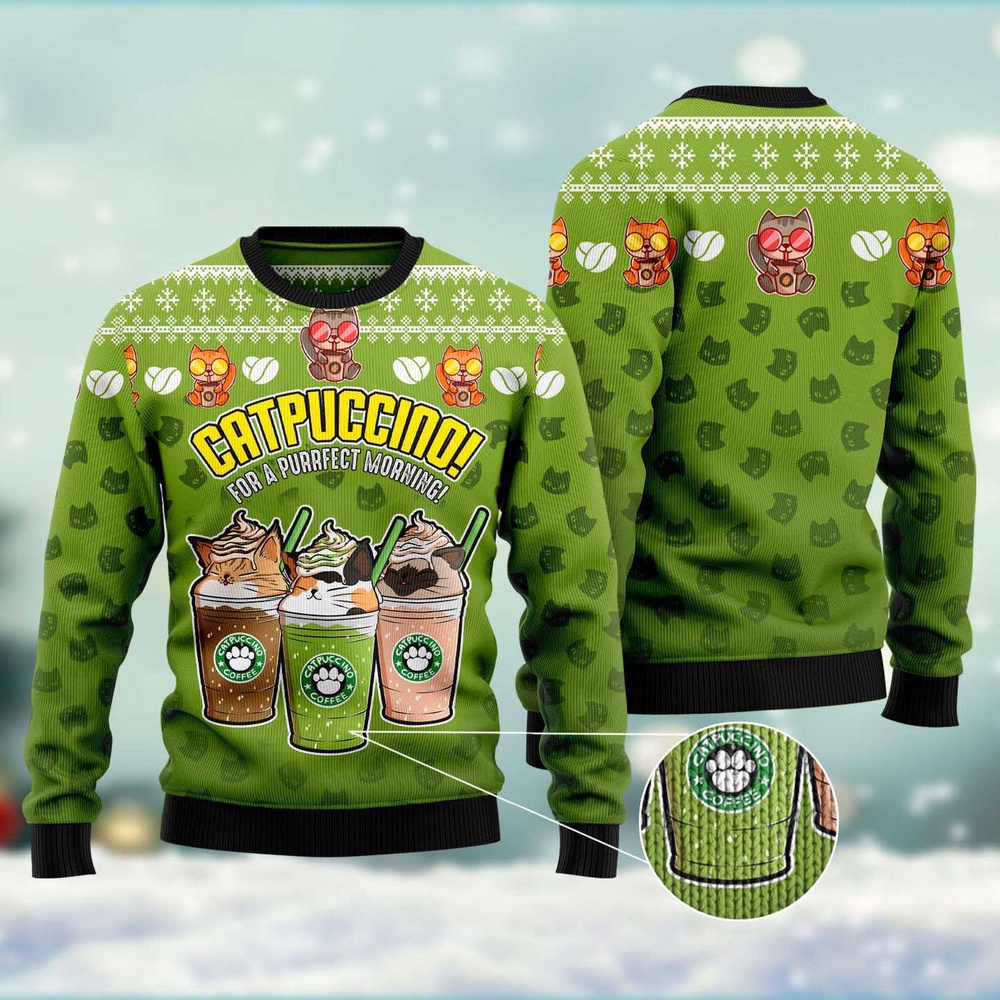 Cat Coffee Ugly Christmas Sweater, Christmas Cat Ugly Sweater, Ugly Cat Xmas Sweater