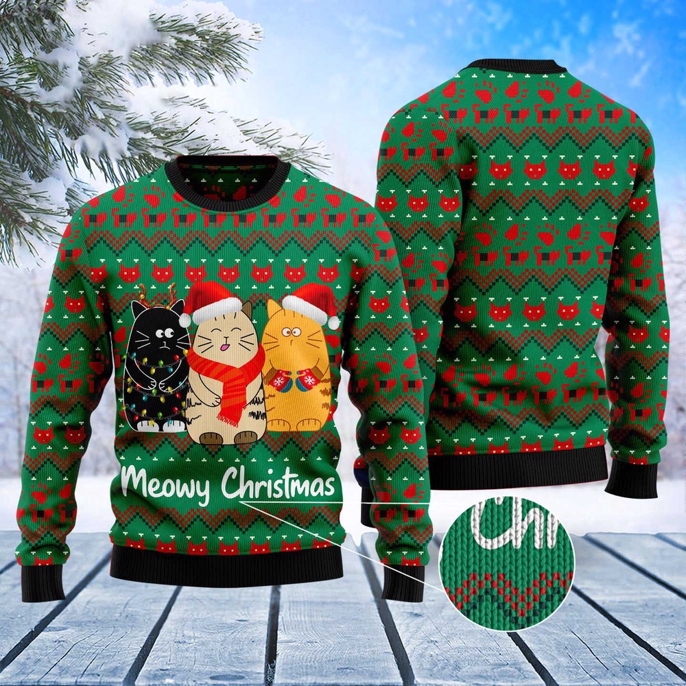 Cat Meowy Christmas Ugly Christmas Sweater, Christmas Cat Ugly Sweater, Ugly Cat Xmas Sweater