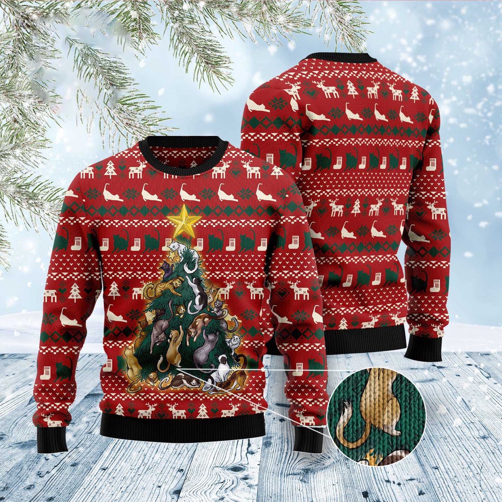 Cat Naughty Pine Ugly Christmas Sweater, Christmas Cat Ugly Sweater, Ugly Cat Xmas Sweater