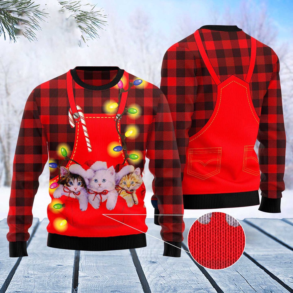 Cat Pocket Christmas Ugly Christmas Sweater, Christmas Cat Ugly Sweater, Ugly Cat Xmas Sweater