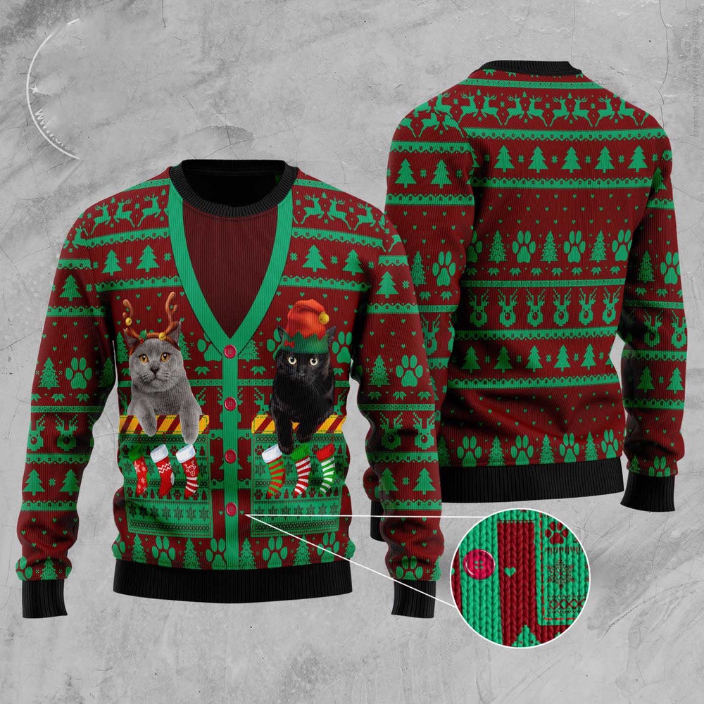 Cat Pocket Xmas Ugly Christmas Sweater, Christmas Cat Ugly Sweater, Ugly Cat Xmas Sweater