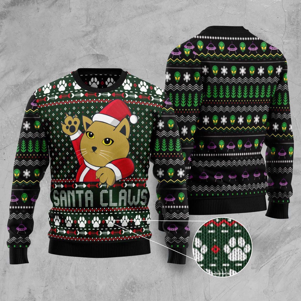 Cat Santa Jaws Ugly Christmas Sweater, Christmas Cat Ugly Sweater, Ugly Cat Xmas Sweater