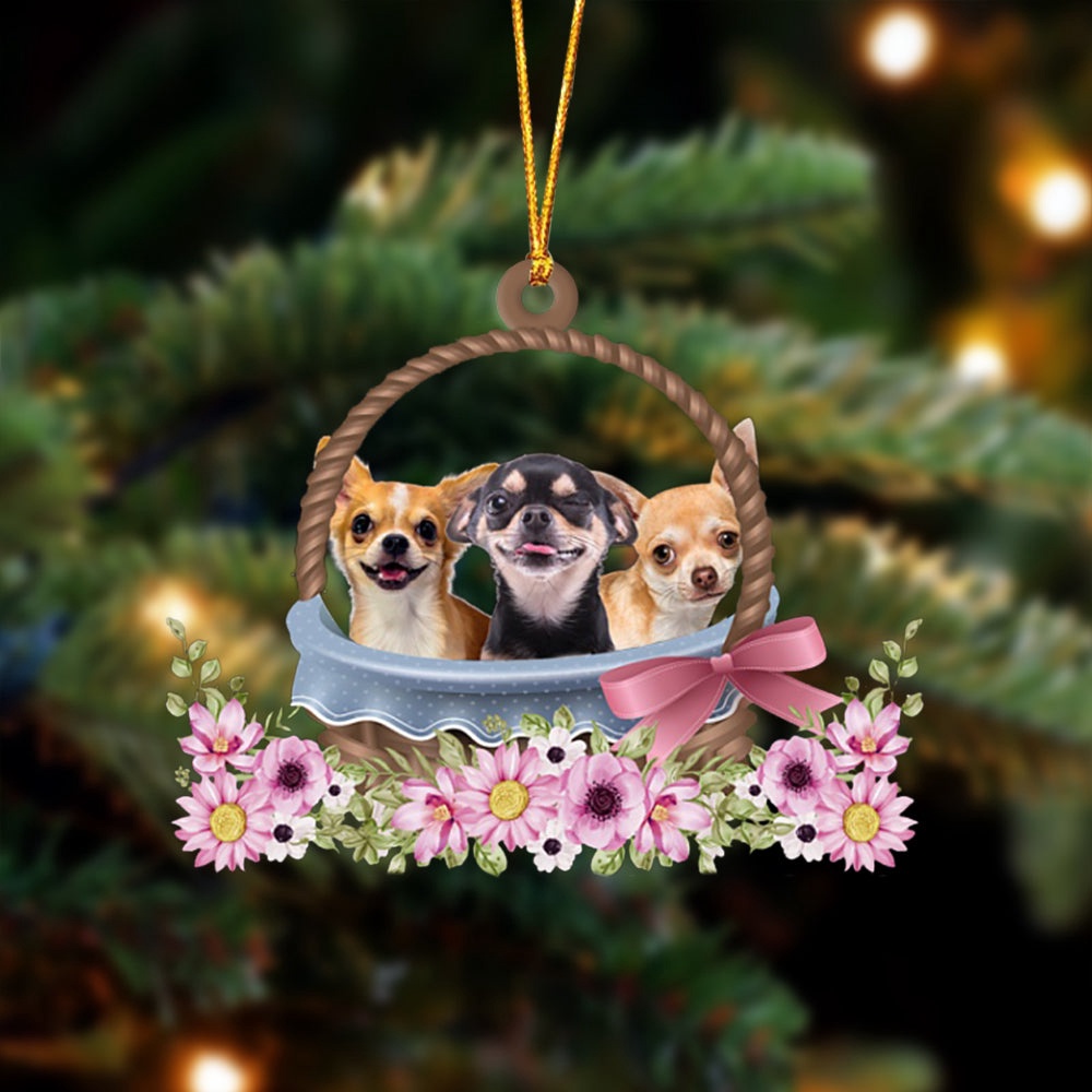 Chihuahua Dogs In The Basket Ornament, Christmas Ornament, Dog Ornament, Xmas Dog Ornaments