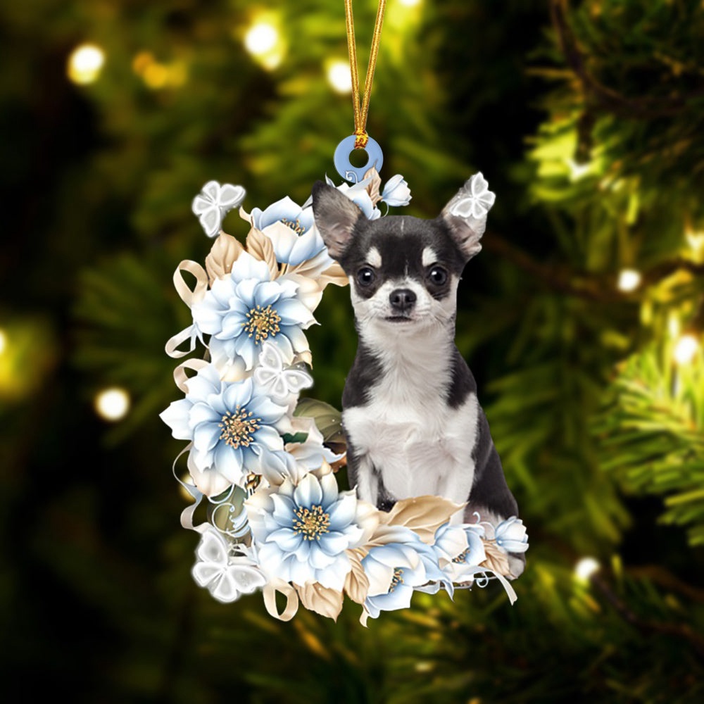 Chihuahua Flowers Moon Ornament, Christmas Ornament, Dog Ornament, Xmas Dog Ornaments