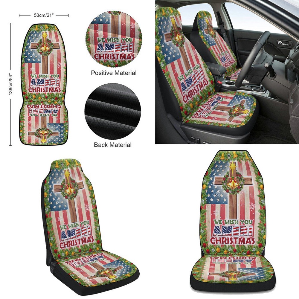 Christian Cross American flag We Wish You Ameri Christmas Seat Cover Cars, Christmas Car Seat Cover, Car Seat Cover