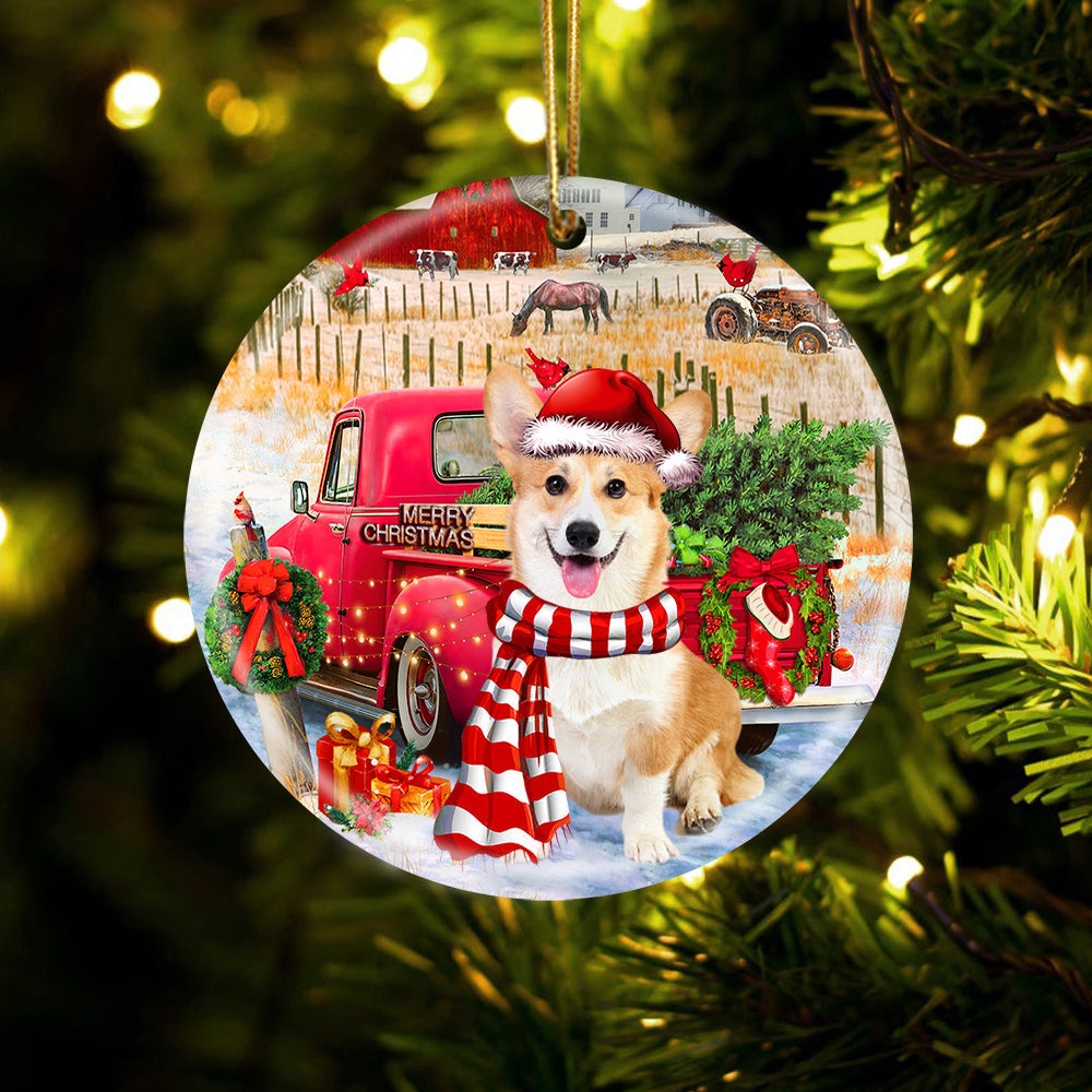 Corgi With Red Truck Christmas Ornament, Christmas Ornament, Dog Ornament, Xmas Dog Ornaments