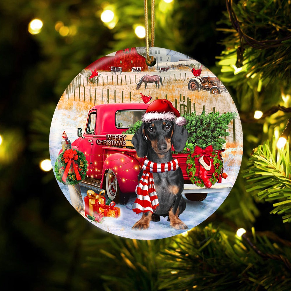 Dachshund 2 With Red Truck Christmas Ornament, Christmas Ornament, Dog Ornament, Xmas Dog Ornaments