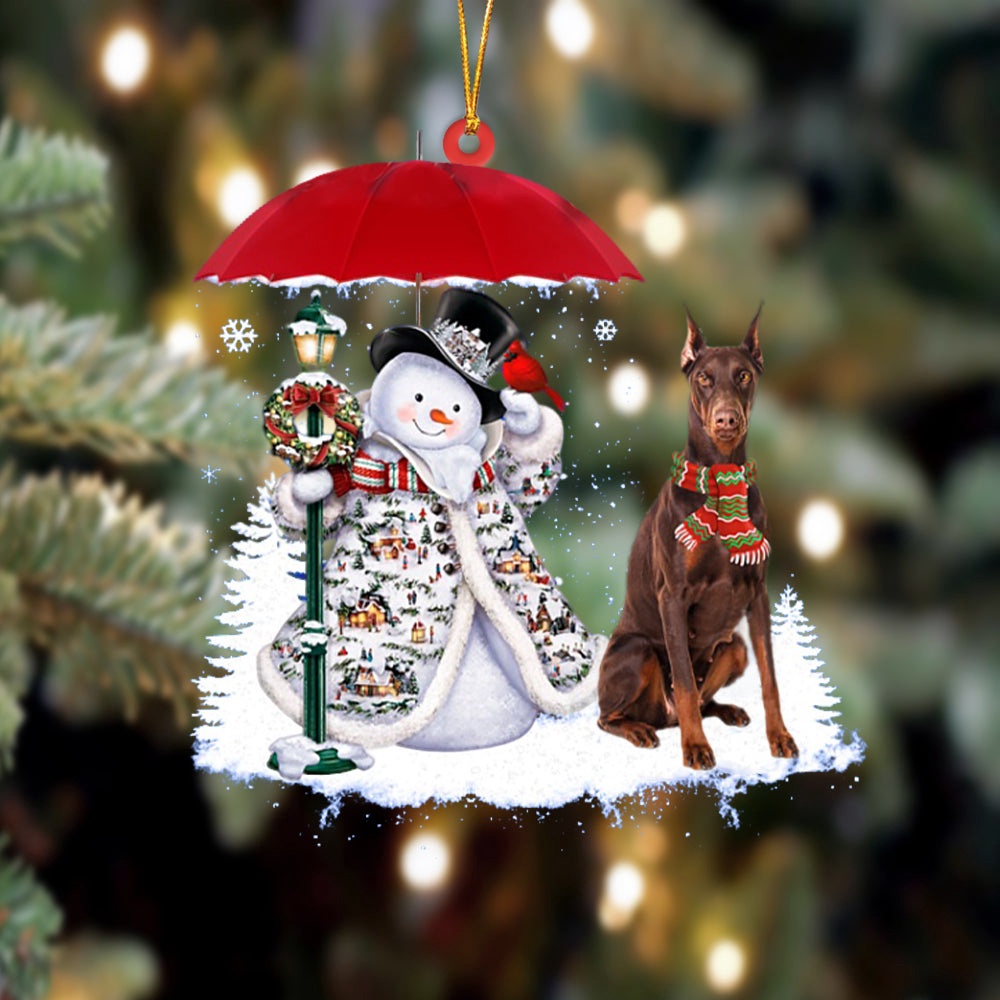 Doberman With Snowman Christmas Ornament, Christmas Ornament, Dog Ornament, Xmas Dog Ornaments