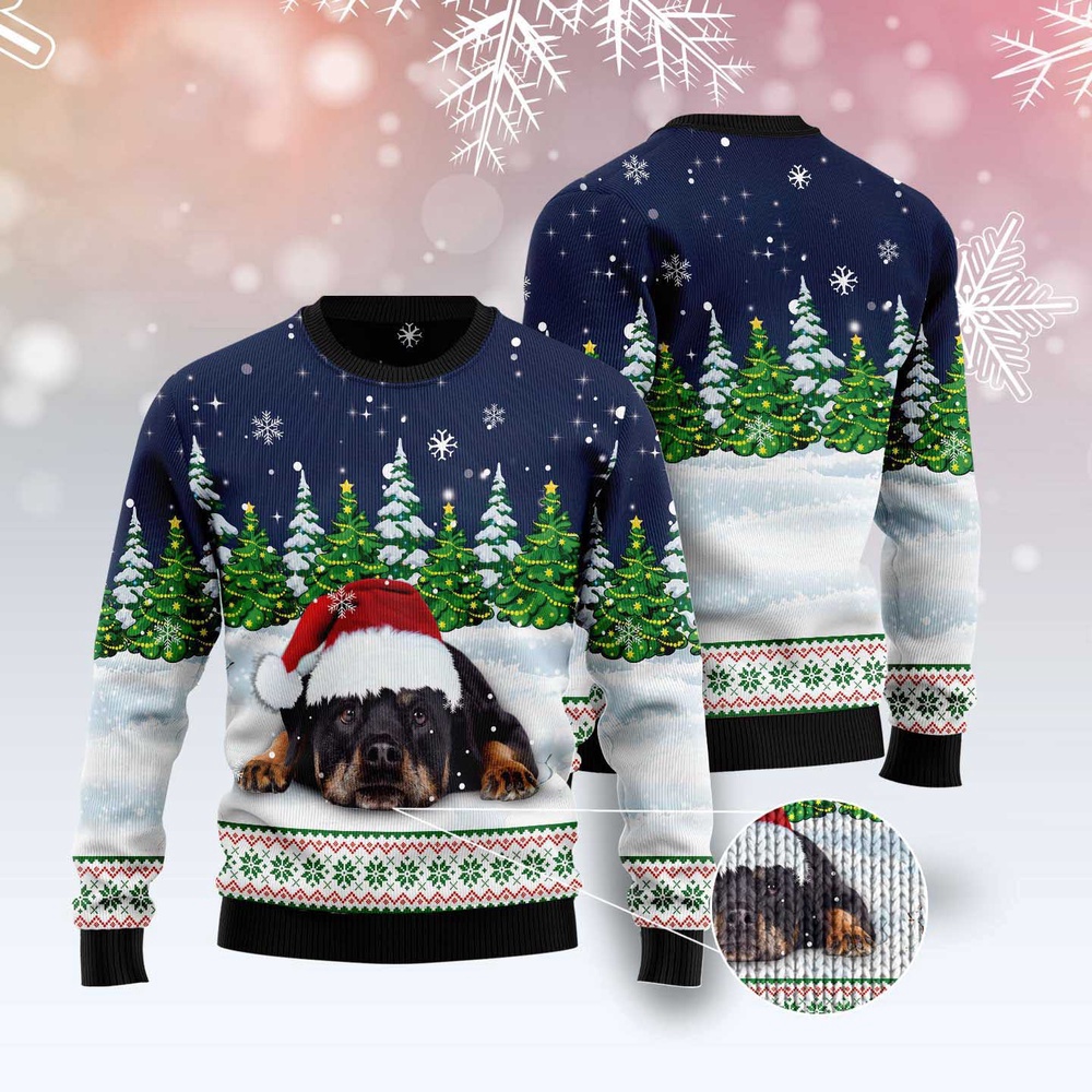 Dreaming Rottweiler Under Snow Ugly Christmas Sweater, Dog Ugly Christmas Sweater, Ugly Dog Sweaters