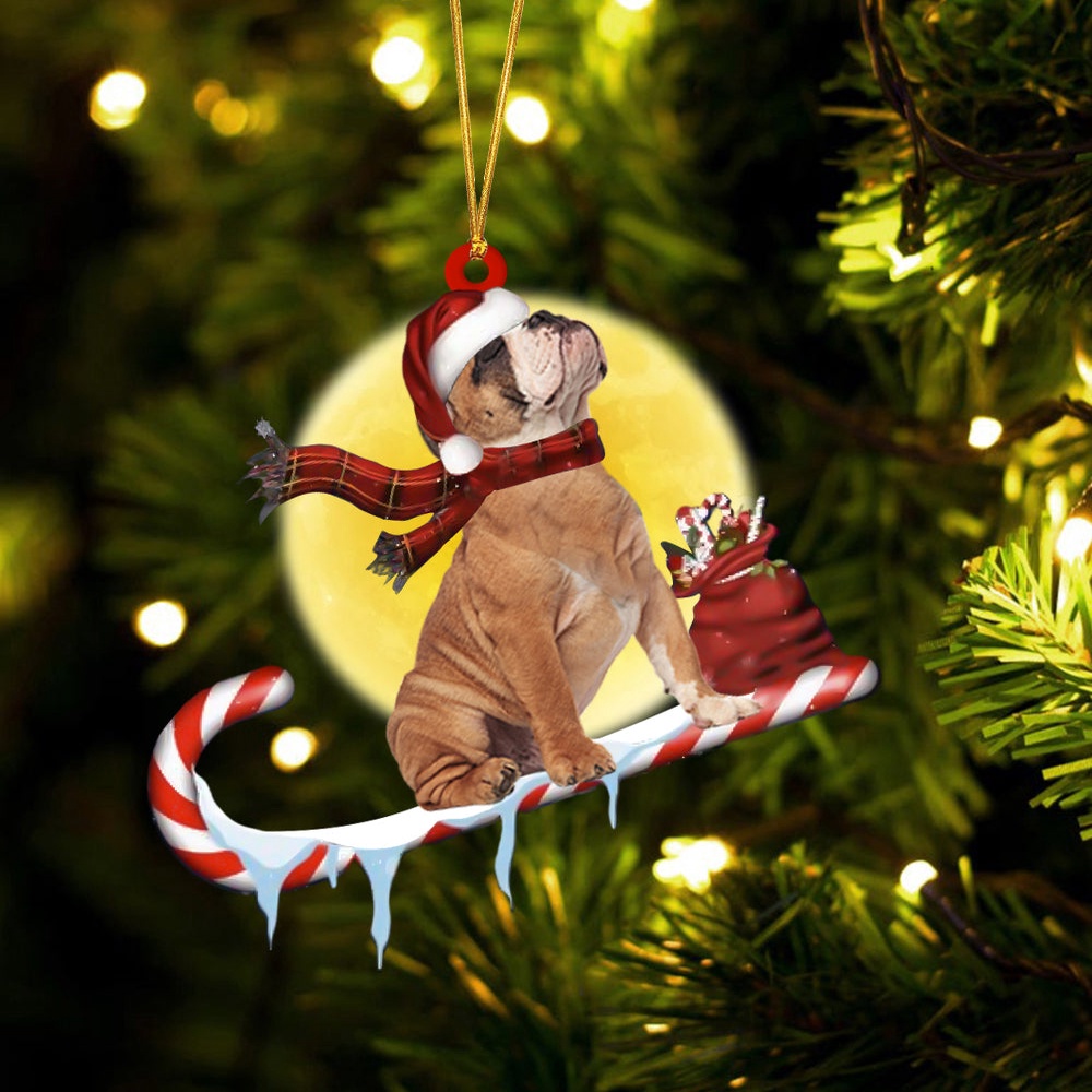 English-Bulldog On The Candy Cane Christmas Ornament, Christmas Ornament, Dog Ornament, Xmas Dog Ornaments
