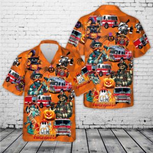 Fire Trucks Halloween Hawaiian Shirt, Halloween Hawaiian&hellip;