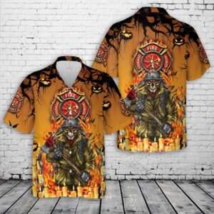 Firefighter skull Halloween Hawaiian Shirt, Halloween Hawaiian&hellip;